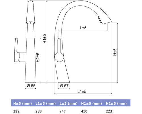 Technický nákres kuchyňské baterie s rozměry