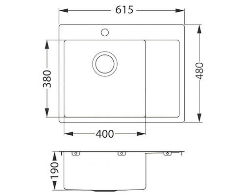 Technický výkres dřezu o rozměrech 615 x 480 x 190 mm