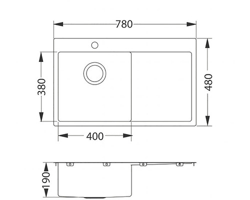 Technický nákres dřezu o rozměrech 780 x 480 x 190 mm