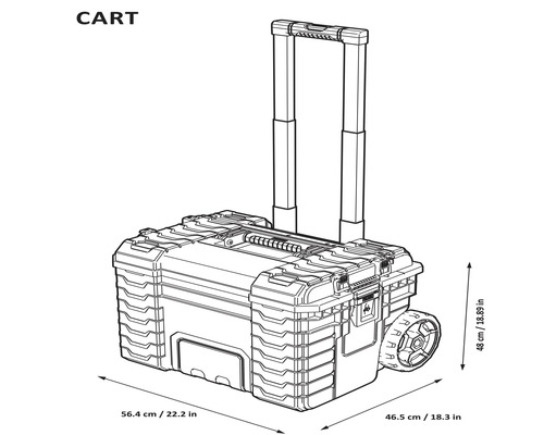 Pojízdný vozík na nářadí s teleskopickou rukojetí a kolečky, rozměry.