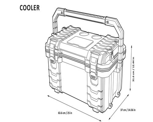 Obrázek chladicího boxu o rozměrech 31,6 cm na výšku, 63,6 cm na šířku a 37 cm do hloubky.