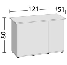 Skříň se třemi dvířky a rozměry: výška 80 cm, šířka 121 cm a hloubka 51 cm.