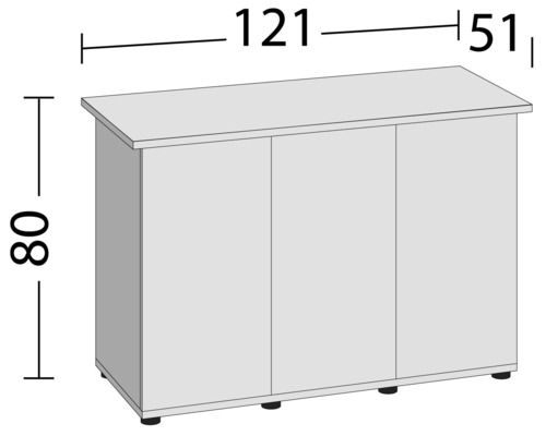 Skříň se třemi dvířky a rozměry: výška 80 cm, šířka 121 cm a hloubka 51 cm.
