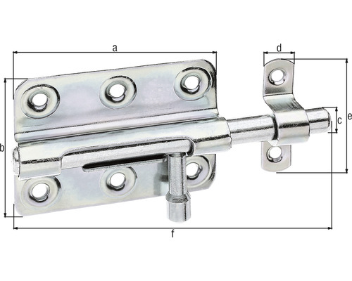 Kovový dveřní západka s otvory pro šrouby a rozměry