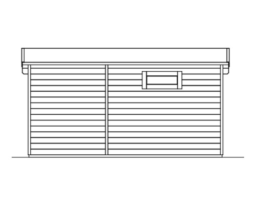 Nákres zahradního domku s oknem a dřevěnými stěnami