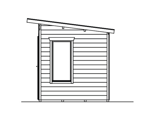 Ilustrace zahradního domku s pultovou střechou a oknem