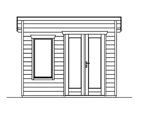 Ilustrace zahradního domku s oknem a dvoukřídlými dveřmi