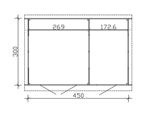 Technický nákres zahradního domku s rozměry.