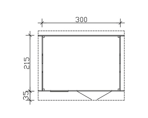 Půdorys zahradního domku o rozměrech 300 x 215 centimetrů