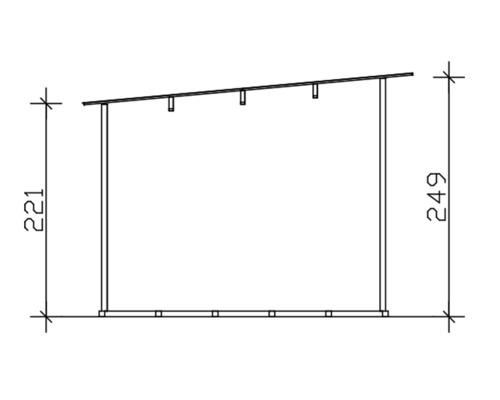 Technický nákres přístřešku s výškovými údaji v centimetrech