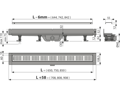 Technický nákres sprchového žlabu s rozměry