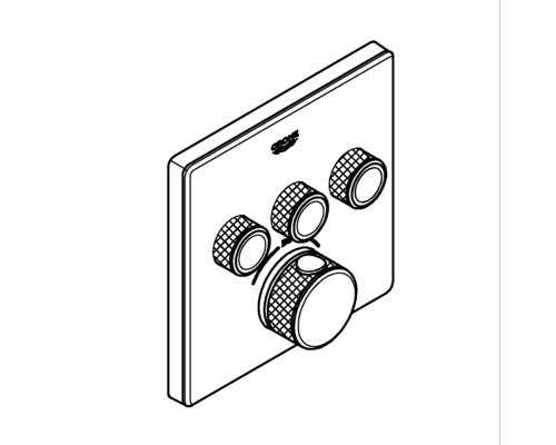 Logo Grohe na podomítkové termostatické baterii se čtyřmi otočnými knoflíky