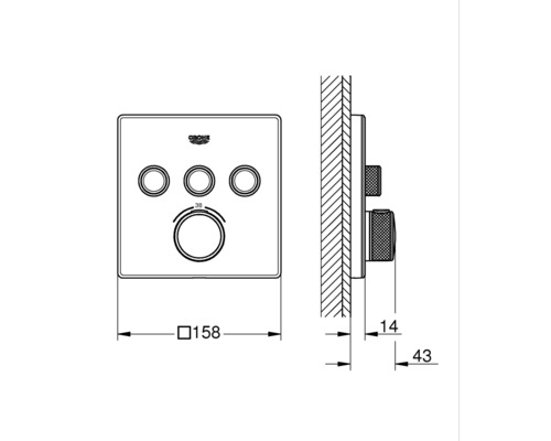 Technický výkres sprchové baterie Grohe s rozměry