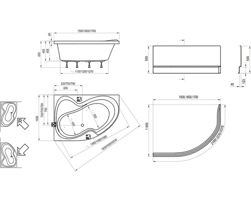 Technický výkres vany s rozměry.