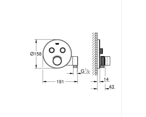 Technický nákres podomítkové baterie Grohe s rozměry