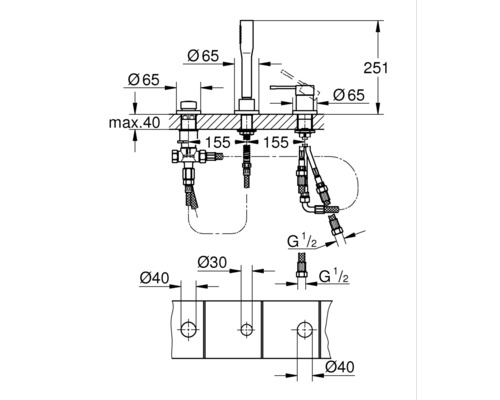 Technický výkres koupelnové baterie s rozměry