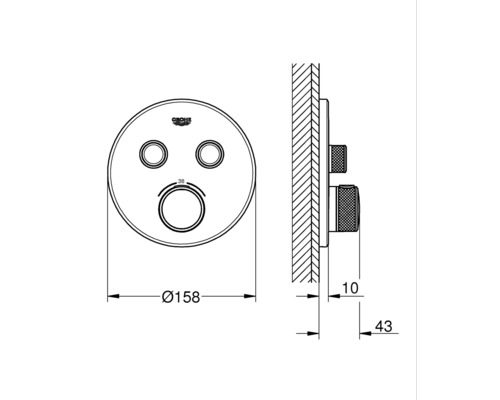 Technický výkres kulaté sprchové baterie s rozměry