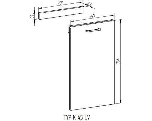 Technický nákres koupelnové skříňky o rozměrech 764 x 447 x 450 mm