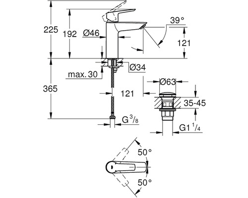 Technický výkres vodovodní baterie s rozměry