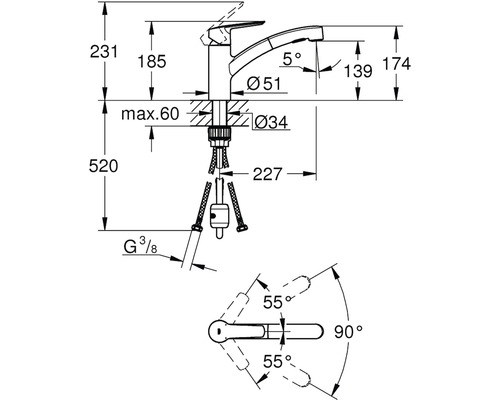 Technický nákres kuchyňské baterie s rozměry