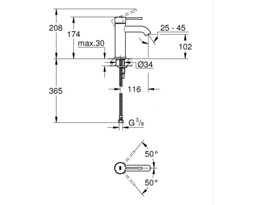 Technický nákres armatury s rozměry