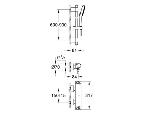 Rozměrový výkres sprchového systému