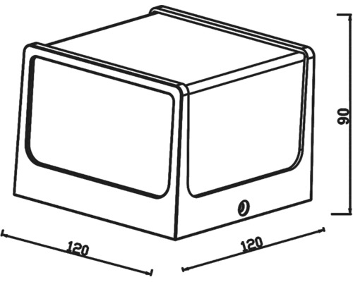 Technický výkres nástěnné lampy o rozměrech 120 x 120 x 90 milimetrů
