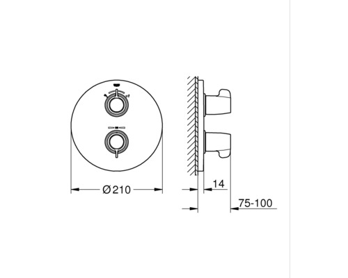 Technický nákres podomítkové sprchové baterie s rozměry