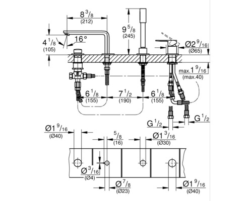 Technický nákres armatury s rozměry