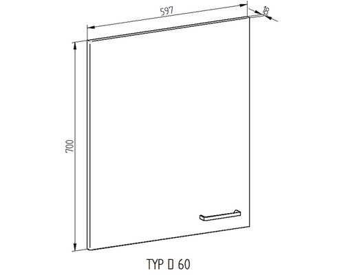 Technický nákres dveří skříňky s rukojetí, rozměry 597 x 700 mm