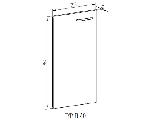 Výkres dveří skříňky s rukojetí a rozměry.