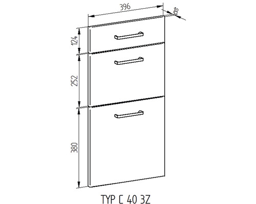 Technický výkres spodní skříňky se třemi zásuvkami a úchyty