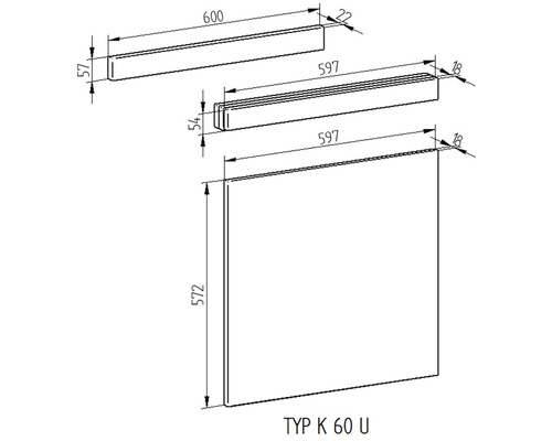 Technický výkres kuchyňského skříňového prvku typ K 60 U s rozměry
