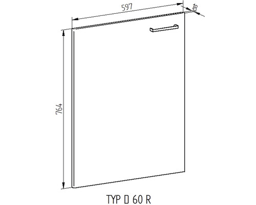 Technický nákres dvířek skříňky s úchytkou, šířka 597 mm, výška 764 mm, model D 60 R