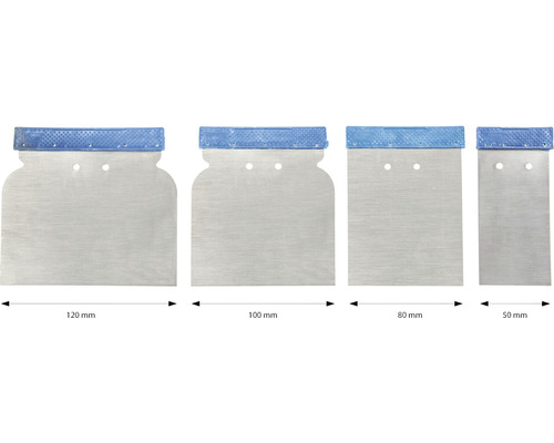 Čtyři špachtle různých velikostí: 120 mm, 100 mm, 80 mm a 50 mm.