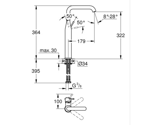 Rozměrový výkres armatury s údaji o výšce, šířce a úhlu