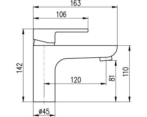 Technický výkres vodovodní baterie s rozměry