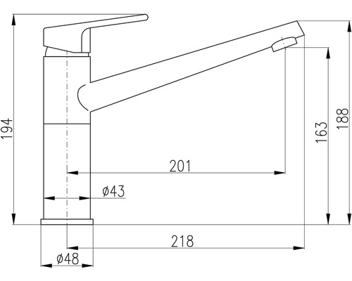 Technický nákres kuchyňské baterie s rozměry.