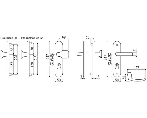 Technický výkres kování dveří s rozměry