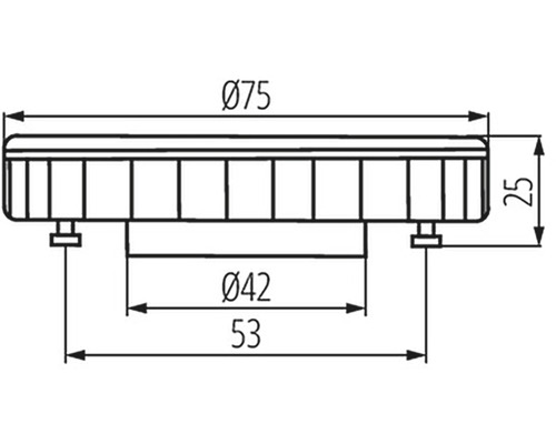Technický výkres produktu s rozměry průměr 75 milimetrů, výška 25 milimetrů a šířka 53 milimetrů
