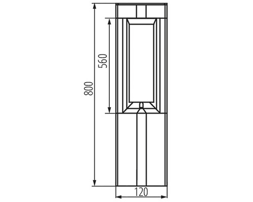 Technický nákres venkovního svítidla s rozměry: výška 800 mm, výška hlavy lampy 560 mm, šířka 120 mm.