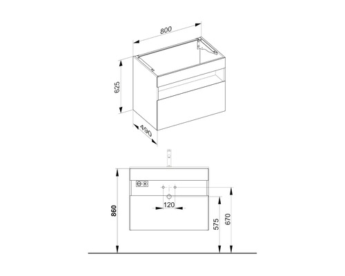 Technický výkres skříňky pod umyvadlo s rozměry.