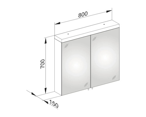 Technický výkres zrcadlové skříňky o rozměrech 800 x 700 x 150 mm