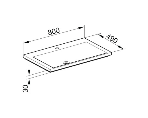 Technický nákres umyvadla o rozměrech 800 x 490 x 30 mm
