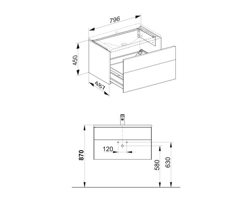 Technický nákres skříňky pod umyvadlo s rozměry