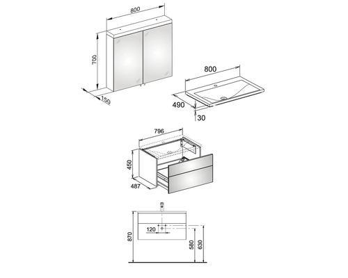 Technický výkres umyvadlové soupravy s umyvadlovou skříňkou, umyvadlem na desku a zrcadlovou skříňkou s rozměry.