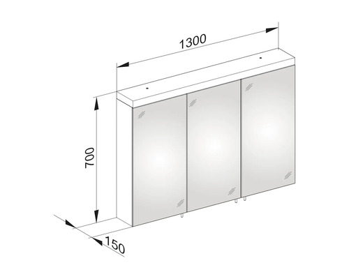 Technický výkres zrcadlové skříňky s rozměry 1300 x 700 x 150 mm.
