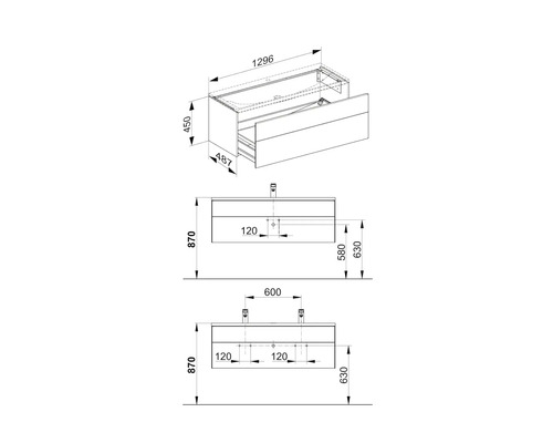 Technický nákres skříňky pod umyvadlo s rozměry