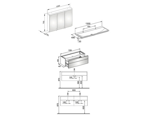 Technický nákres koupelnové nábytkové sestavy s umyvadlovou skříňkou, umyvadlem a zrcadlovou skříňkou s rozměry