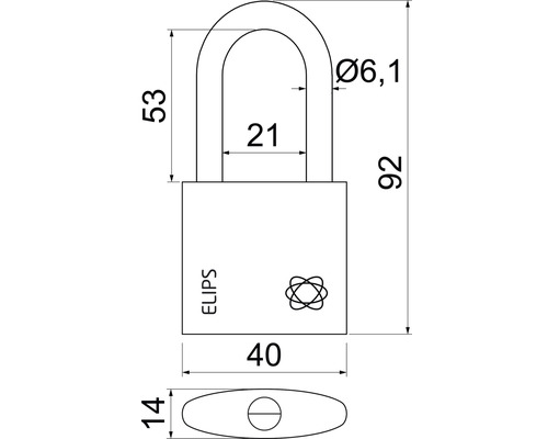 Technický nákres visacího zámku s rozměry